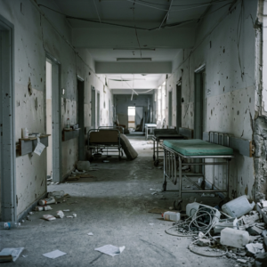Damaged hospital corridor with empty beds, exposed wiring, and scattered debris